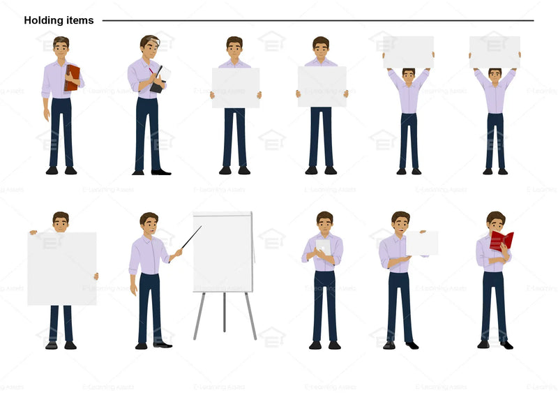 eLearning clipart of a man wearing a folded long-sleeve shirt. It can be used in business, office, education, and other workplace settings.  This sheet shows the character in various poses holding different items.