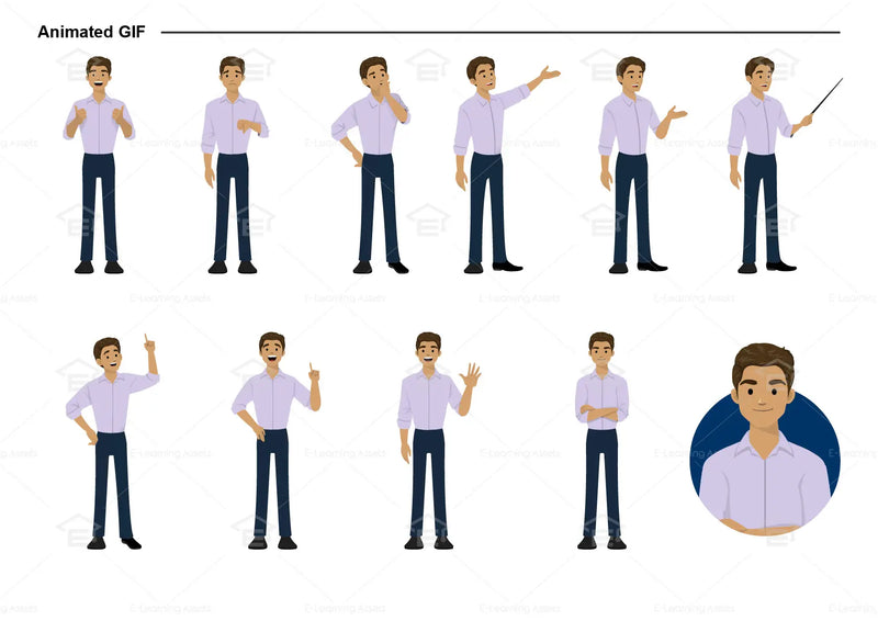 eLearning clipart of a man wearing a folded long-sleeve shirt. It can be used in business, office, education, and other workplace settings.  This sheet shows animated poses: Thumb up, thumbs down, thinking, presenting, pointing, remembering, aha, waving, standing with folded arms, and transitioning colors.