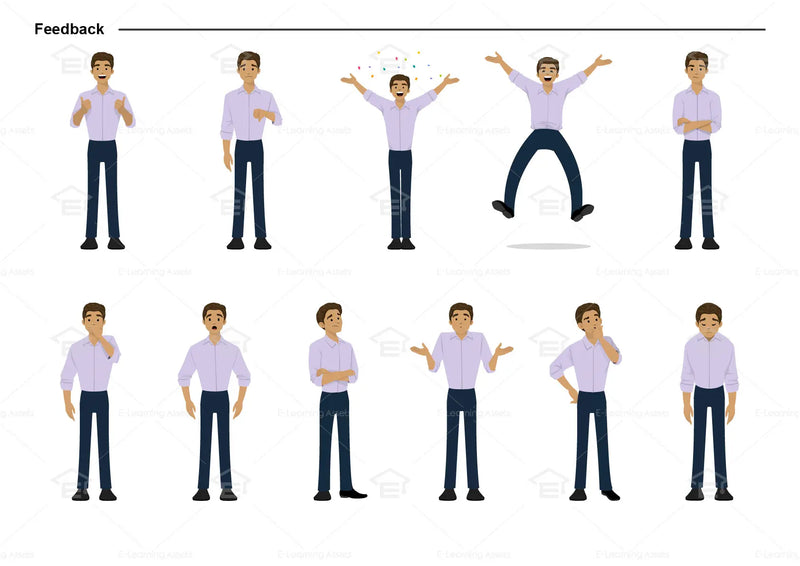 eLearning clipart of a man wearing a folded long-sleeve shirt. It can be used in business, office, education, and other workplace settings.  This sheet shows the character displaying various poses for providing feedback.
