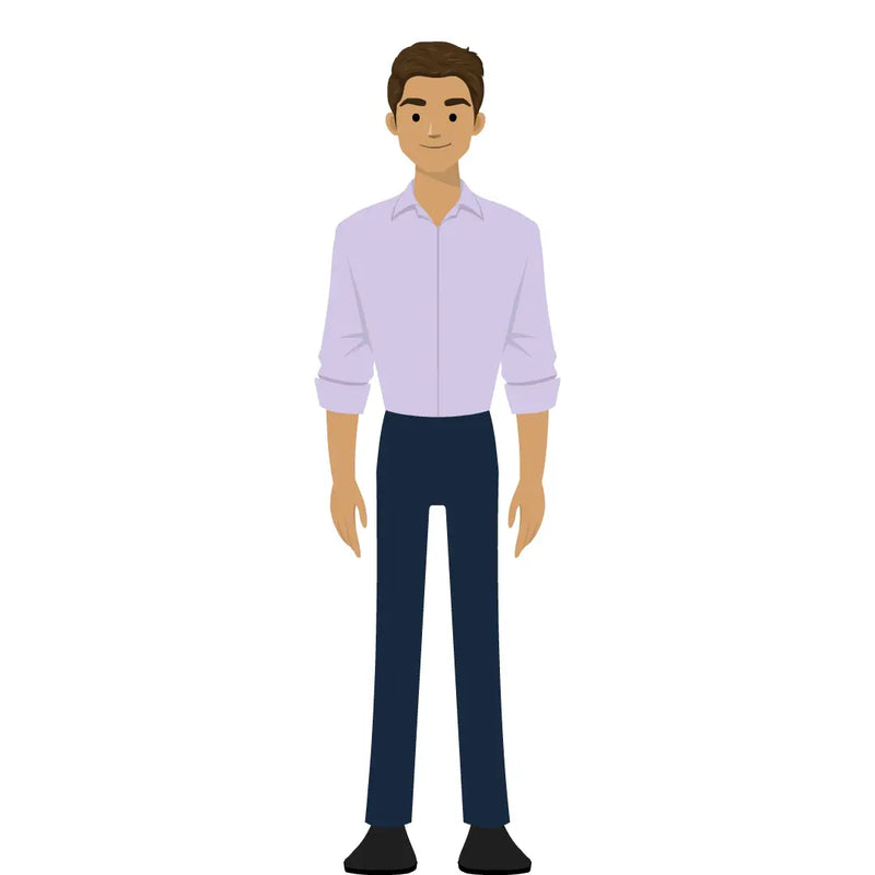 eLearning clipart of a man wearing a folded long-sleeve shirt. It can be used in business, office, education, and other workplace settings. The character set comes in Storyline, SVG, PNG, and GIF formats.
