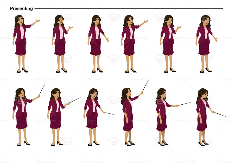 eLearning clipart of a woman wearing a blazer and skirt. It can be used in business, office, education, or other workplace settings.  This sheet shows the character displaying various poses for presenting.