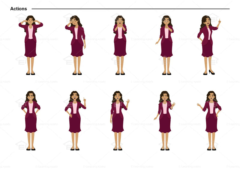 eLearning clipart of a woman wearing a blazer and skirt. It can be used in business, office, education, or other workplace settings.  This sheet shows the character doing various actions.