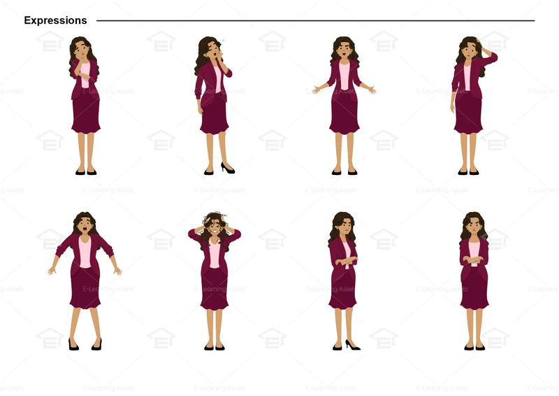 eLearning clipart of a woman wearing a blazer and skirt. It can be used in business, office, education, or other workplace settings.  This sheet shows the character displaying various expressions.