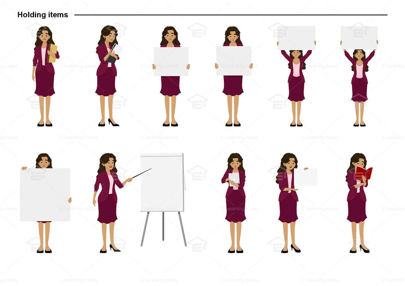 eLearning clipart of a woman wearing a blazer and skirt. It can be used in business, office, education, or other workplace settings.  This sheet shows the character in various poses holding different items.