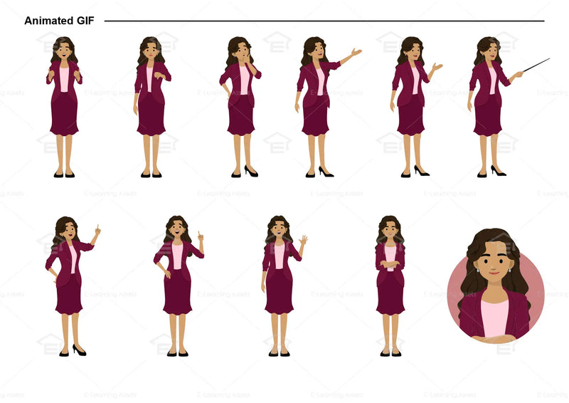 eLearning clipart of a woman wearing a blazer and skirt. It can be used in business, office, education, or other workplace settings.  This sheet shows animated poses: Thumb up, thumbs down, thinking, presenting, pointing, remembering, aha, waving, standing with folded arms, and transitioning colors.