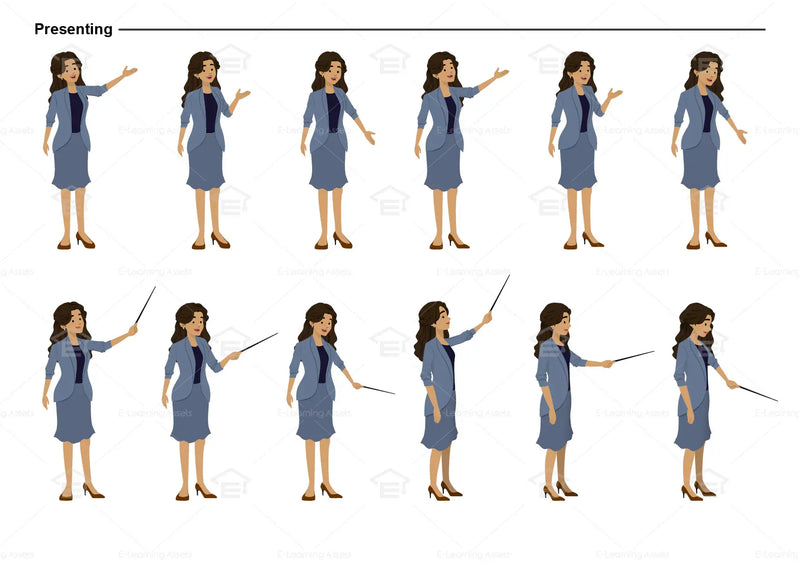 eLearning clipart of a woman wearing a blazer and skirt. It can be used in business, office, education, or other workplace settings.  This sheet shows the character displaying various poses for presenting.