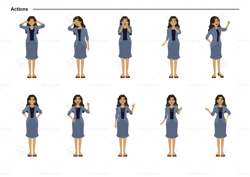 eLearning clipart of a woman wearing a blazer and skirt. It can be used in business, office, education, or other workplace settings.  This sheet shows the character doing various actions.