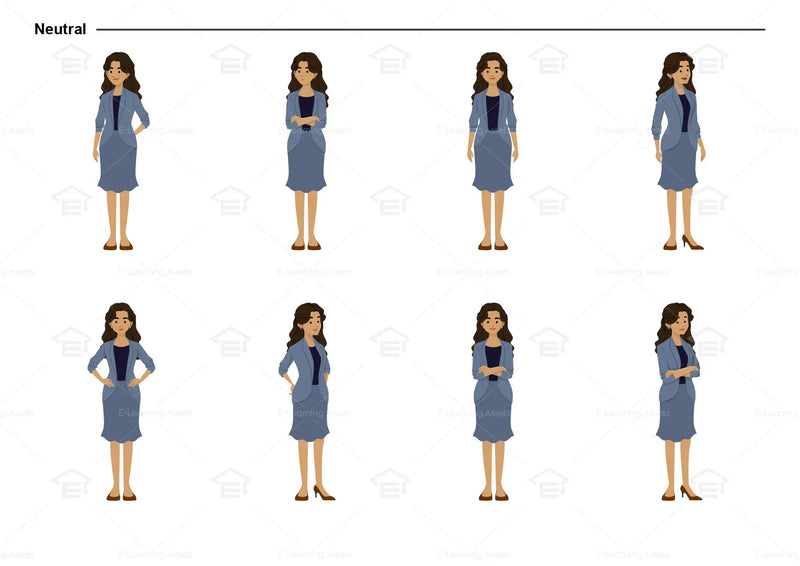 eLearning clipart of a woman wearing a blazer and skirt. It can be used in business, office, education, or other workplace settings.  This sheet shows the character in various neutral poses.