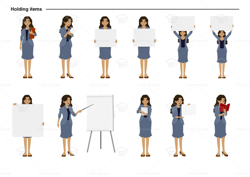 eLearning clipart of a woman wearing a blazer and skirt. It can be used in business, office, education, or other workplace settings.  This sheet shows the character in various poses holding different items.