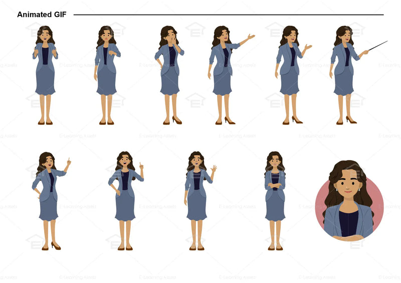 eLearning clipart of a woman wearing a blazer and skirt. It can be used in business, office, education, or other workplace settings.  This sheet shows animated poses: Thumb up, thumbs down, thinking, presenting, pointing, remembering, aha, waving, standing with folded arms, and transitioning colors.