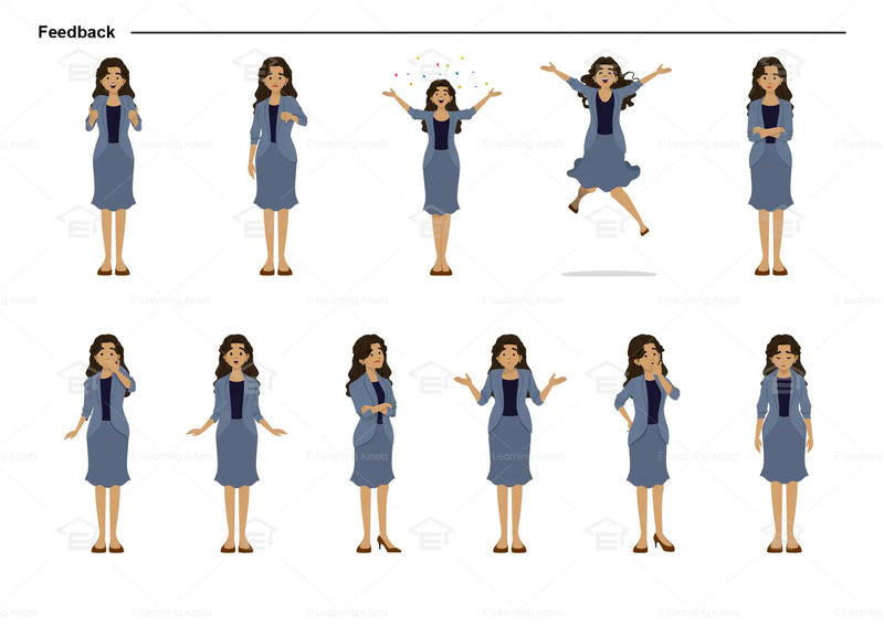 eLearning clipart of a woman wearing a blazer and skirt. It can be used in business, office, education, or other workplace settings.  This sheet shows the character displaying various poses for providing feedback.