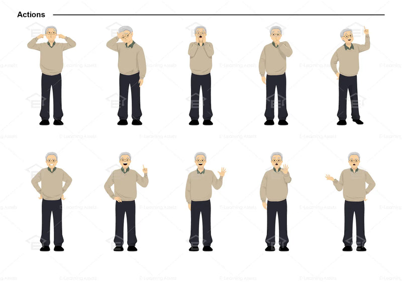 eLearning clipart of an elderly man wearing a sweater. It can be used in healthcare, medical, education, or casual settings. This sheet shows the character doing various actions.