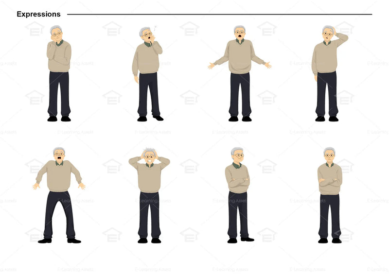 eLearning clipart of an elderly man wearing a sweater. It can be used in healthcare, medical, education, or casual settings. This sheet shows the character displaying various expressions.