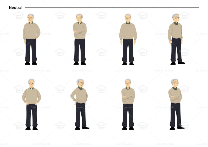 eLearning clipart of an elderly man wearing a sweater. It can be used in healthcare, medical, education, or casual settings. This sheet shows the character in various neutral poses.