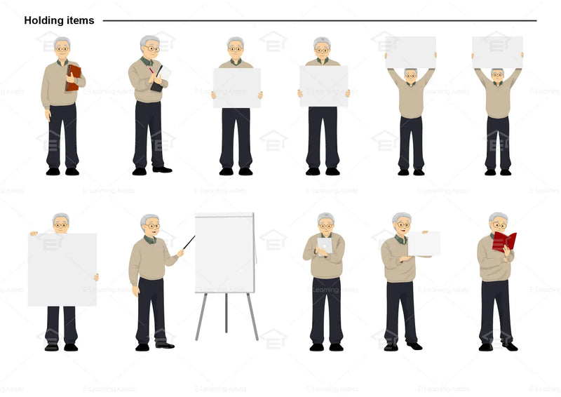 eLearning clipart of an elderly man wearing a sweater. It can be used in healthcare, medical, education, or casual settings. This sheet shows the character in various poses holding different items.