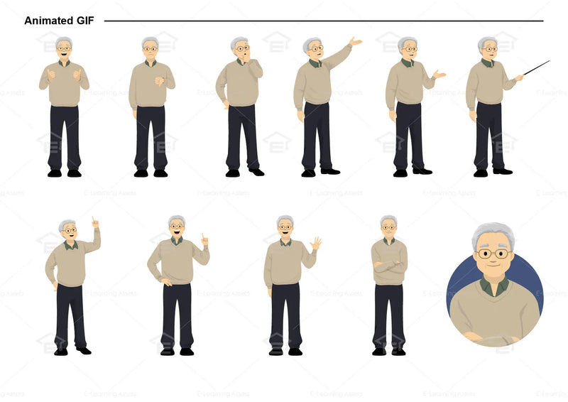 eLearning clipart of an elderly man wearing a sweater. It can be used in healthcare, medical, education, or casual settings. This sheet shows animated poses: Thumb up, thumbs down, thinking, presenting, pointing, remembering, aha, waving, standing with folded arms, and transitioning colors.