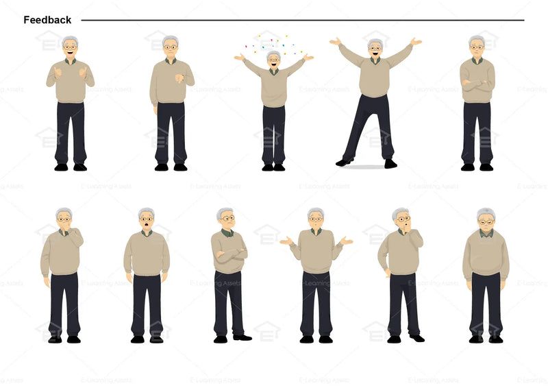 eLearning clipart of an elderly man wearing a sweater. It can be used in healthcare, medical, education, or casual settings. This sheet shows the character displaying various poses for providing feedback.