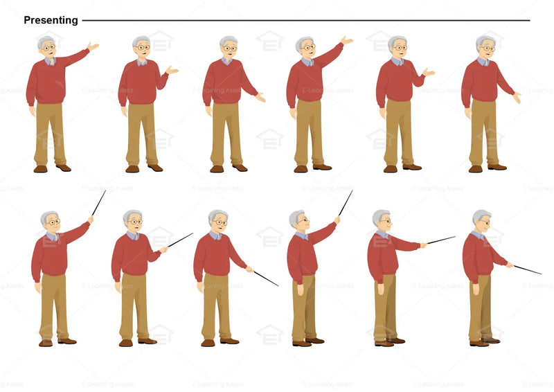 eLearning clipart of an elderly man wearing a sweater. It can be used in healthcare, medical, education, or casual settings. This sheet shows the character displaying various poses for presenting.