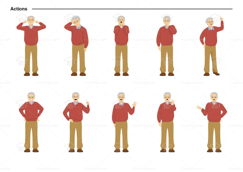 eLearning clipart of an elderly man wearing a sweater. It can be used in healthcare, medical, education, or casual settings. This sheet shows the character doing various actions.