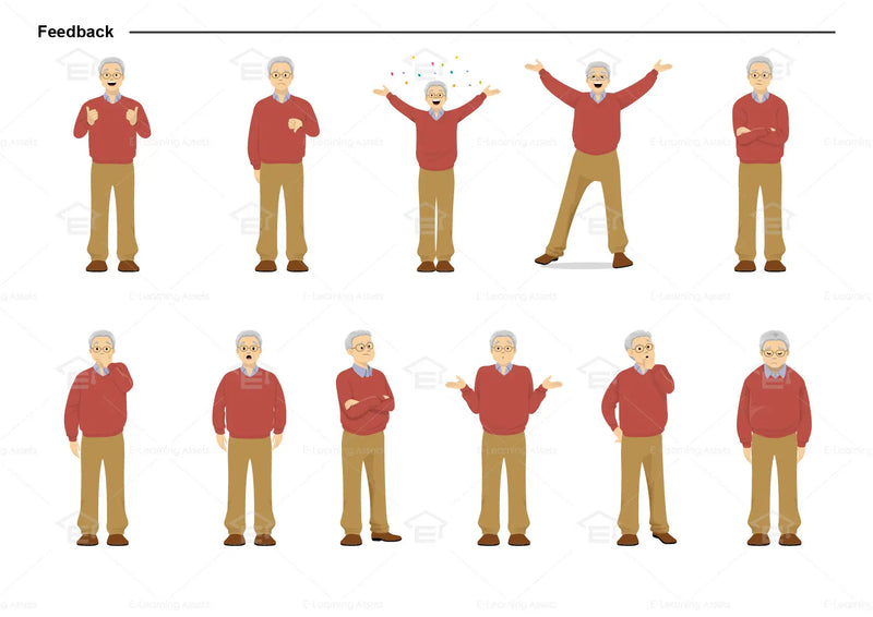eLearning clipart of an elderly man wearing a sweater. It can be used in healthcare, medical, education, or casual settings. This sheet shows the character displaying various poses for providing feedback.