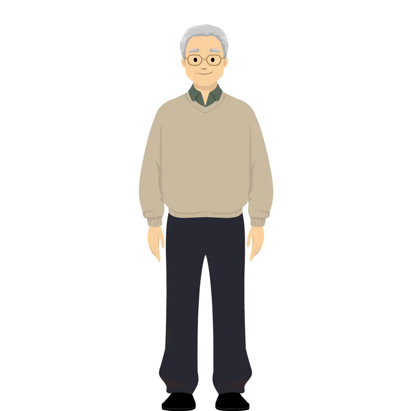 eLearning clipart of an elderly man wearing a sweater. It can be used in healthcare, medical, education, or casual settings. The character set comes in Storyline, SVG, PNG, and GIF formats.
