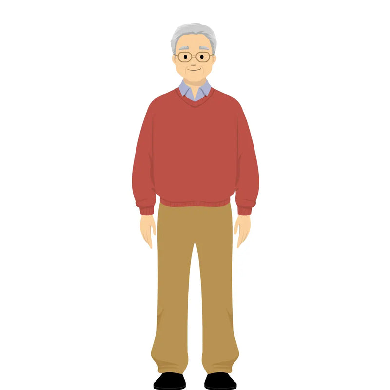 eLearning clipart of an elderly man wearing a sweater. It can be used in healthcare, medical, education, or casual settings. The character set comes in Storyline, SVG, PNG, and GIF formats.