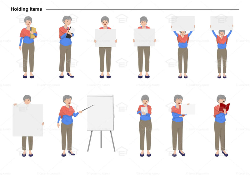 eLearning clipart of a middle-aged woman wearing a long sleeve top, a shawl, and long pants. It can be used in casual, education, or other settings. The character set comes in Storyline, SVG, PNG, and GIF formats. This sheet shows the character in various poses holding different items.