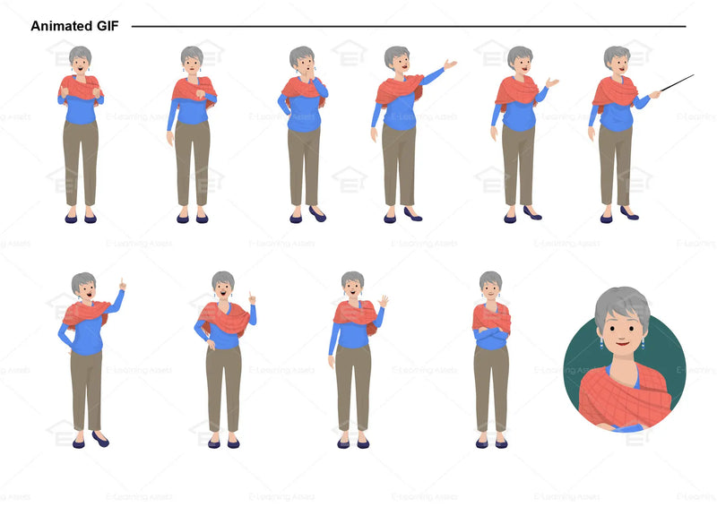 eLearning clipart of a middle-aged woman wearing a long sleeve top, a shawl, and long pants. It can be used in casual, education, or other settings. The character set comes in Storyline, SVG, PNG, and GIF formats. This sheet shows animated poses: Thumb up, thumbs down, thinking, presenting, pointing, remembering, aha, waving, standing with folded arms, and transitioning colors.