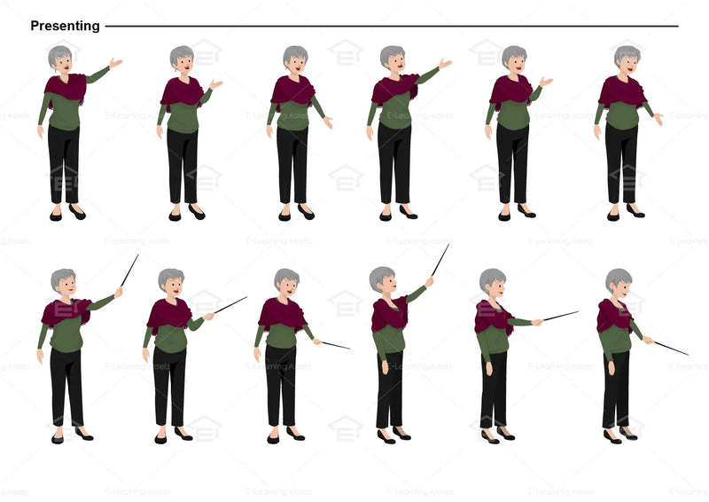 eLearning clipart of a middle-aged woman wearing a long sleeve top, a shawl, and long pants. It can be used in casual, education, or other settings. The character set comes in Storyline, SVG, PNG, and GIF formats. This sheet shows the character displaying various poses for presenting.
