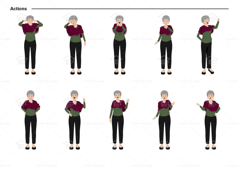 eLearning clipart of a middle-aged woman wearing a long sleeve top, a shawl, and long pants. It can be used in casual, education, or other settings. The character set comes in Storyline, SVG, PNG, and GIF formats. This sheet shows the character doing various actions.
