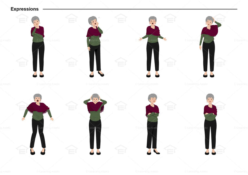 eLearning clipart of a middle-aged woman wearing a long sleeve top, a shawl, and long pants. It can be used in casual, education, or other settings. The character set comes in Storyline, SVG, PNG, and GIF formats. This sheet shows the character displaying various expressions.