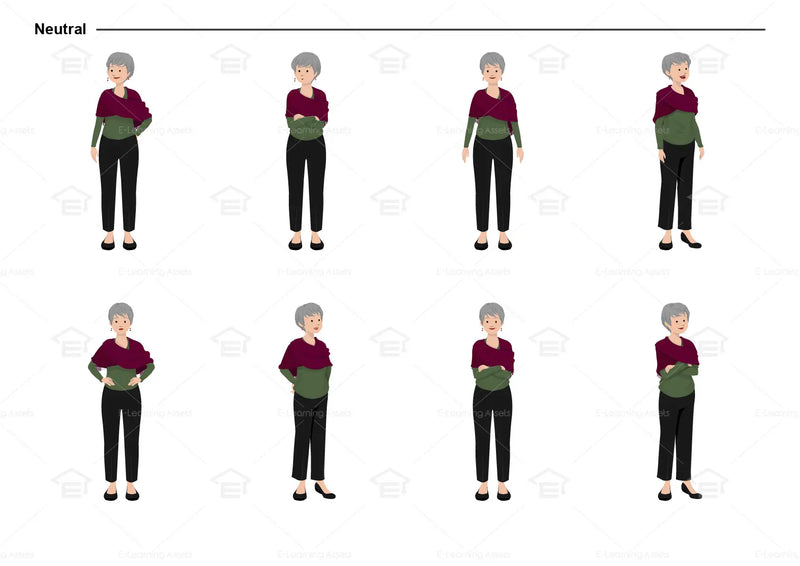 eLearning clipart of a middle-aged woman wearing a long sleeve top, a shawl, and long pants. It can be used in casual, education, or other settings. The character set comes in Storyline, SVG, PNG, and GIF formats. This sheet shows the character in various neutral poses.