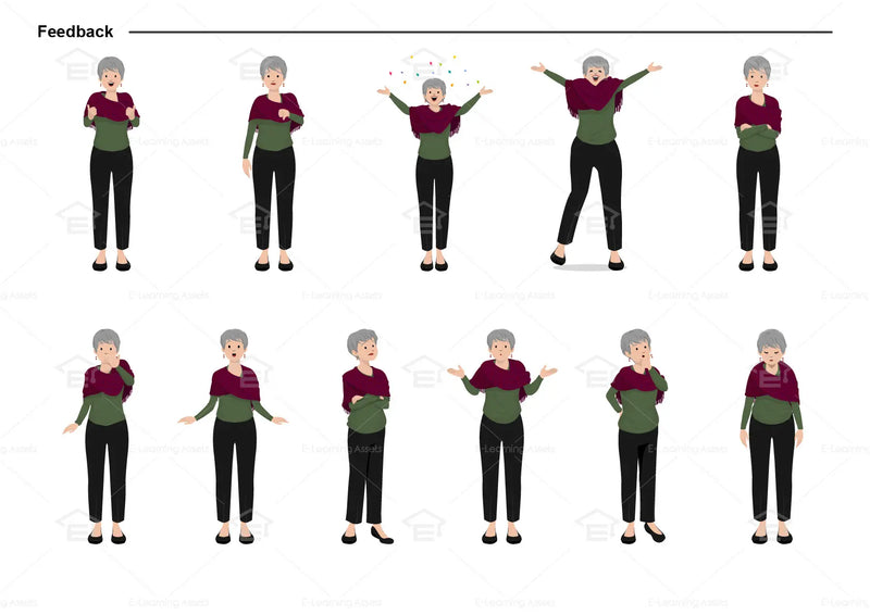 eLearning clipart of a middle-aged woman wearing a long sleeve top, a shawl, and long pants. It can be used in casual, education, or other settings. The character set comes in Storyline, SVG, PNG, and GIF formats. This sheet shows the character displaying various poses for providing feedback.