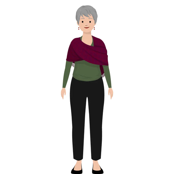 eLearning clipart of a middle-aged woman wearing a long sleeve top, a shawl, and long pants. It can be used in casual, education, or other settings. The character set comes in Storyline, SVG, PNG, and GIF formats.