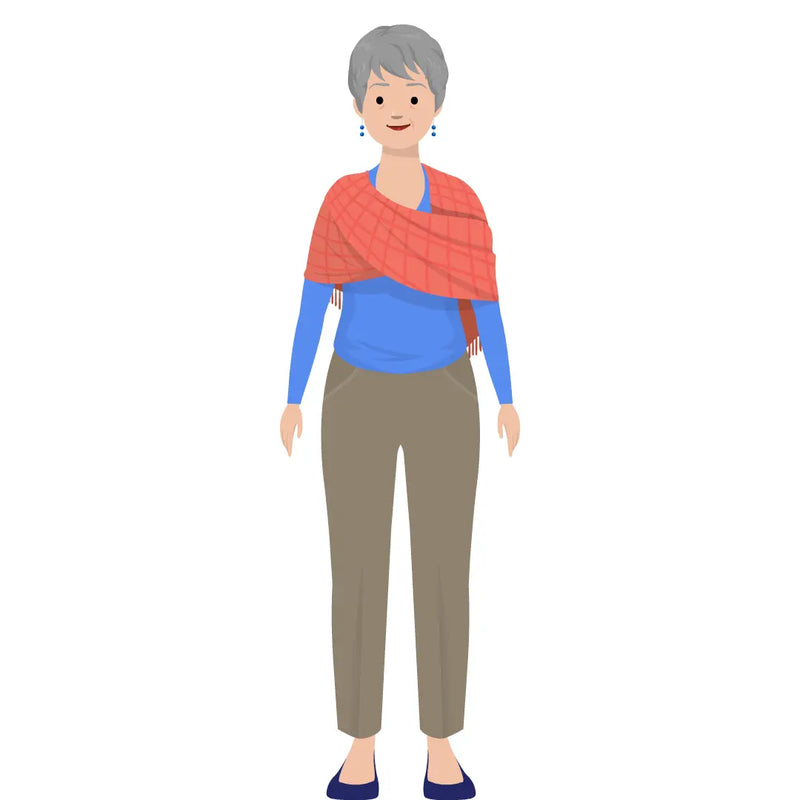 eLearning clipart of a middle-aged woman wearing a long sleeve top, a shawl, and long pants. It can be used in casual, education, or other settings. The character set comes in Storyline, SVG, PNG, and GIF formats.