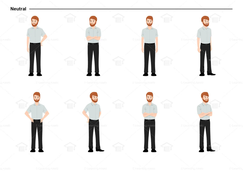eLearning clipart of a man wearing a short-sleeve shirt. It can be used in business, office, education, retail, and other settings.  This sheet shows the character in various neutral poses.