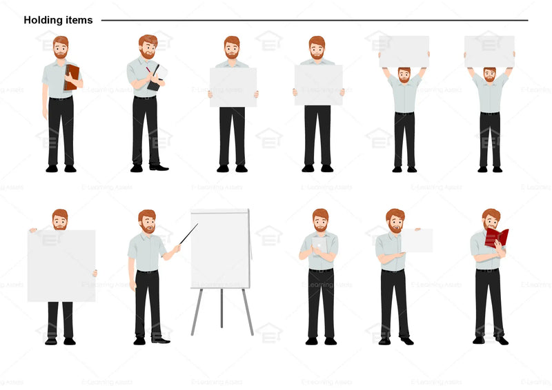 eLearning clipart of a man wearing a short-sleeve shirt. It can be used in business, office, education, retail, and other settings.  This sheet shows the character in various poses holding different items.