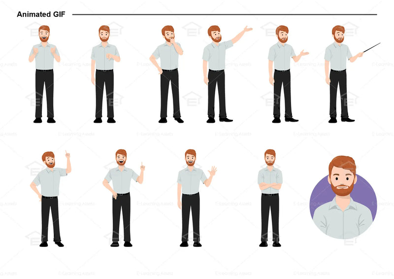 eLearning clipart of a man wearing a short-sleeve shirt. It can be used in business, office, education, retail, and other settings.  This sheet shows animated poses: Thumb up, thumbs down, thinking, presenting, pointing, remembering, aha, waving, standing with folded arms, and transitioning colors.