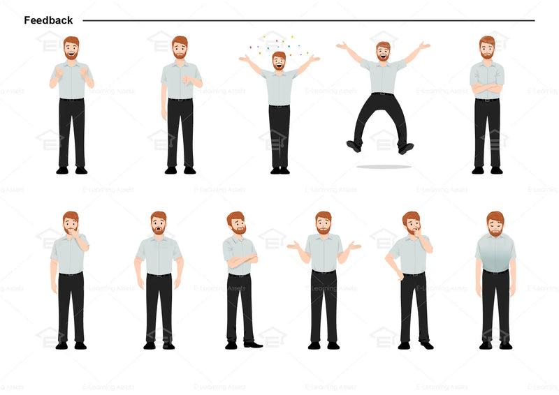 eLearning clipart of a man wearing a short-sleeve shirt. It can be used in business, office, education, retail, and other settings.  This sheet shows the character displaying various poses for providing feedback.