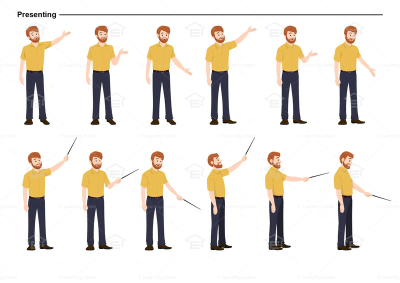 eLearning clipart of a man wearing a short-sleeve shirt. It can be used in business, office, education, retail, and other settings.  This sheet shows the character displaying various poses for presenting.