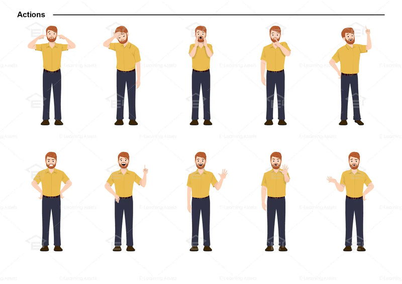 eLearning clipart of a man wearing a short-sleeve shirt. It can be used in business, office, education, retail, and other settings.  This sheet shows the character doing various actions.