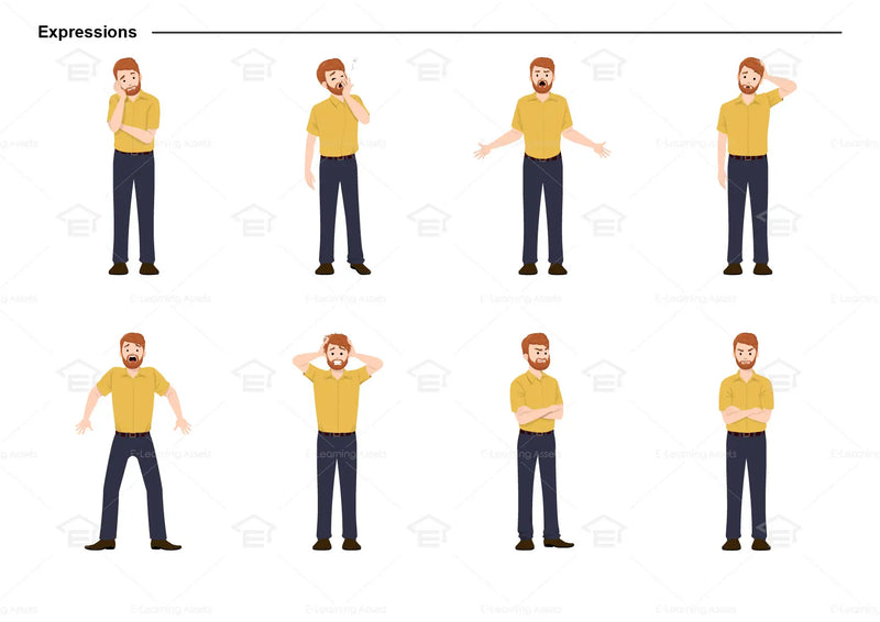 eLearning clipart of a man wearing a short-sleeve shirt. It can be used in business, office, education, retail, and other settings.  This sheet shows the character displaying various expressions.