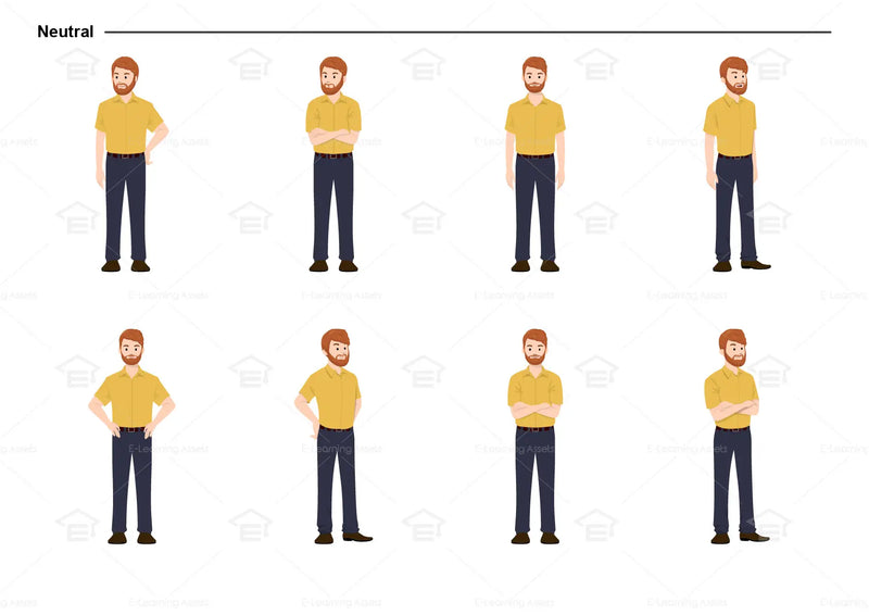 eLearning clipart of a man wearing a short-sleeve shirt. It can be used in business, office, education, retail, and other settings.  This sheet shows the character in various neutral poses.