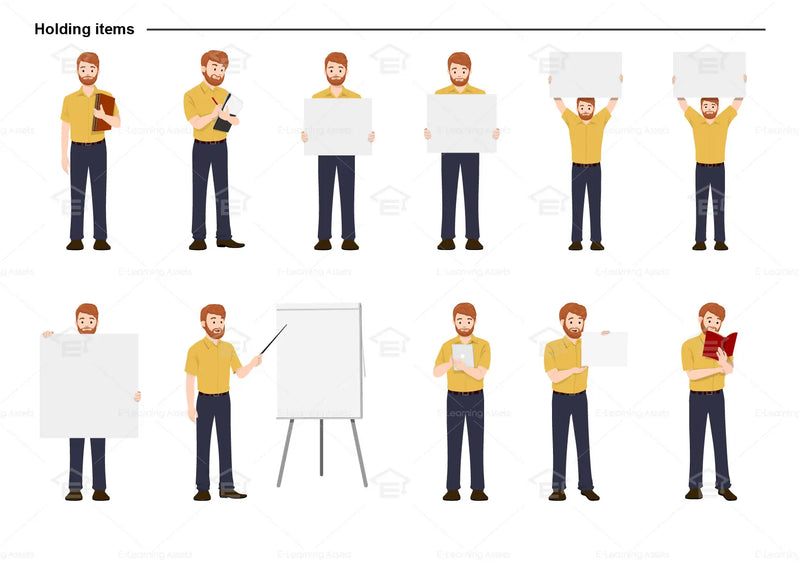 eLearning clipart of a man wearing a short-sleeve shirt. It can be used in business, office, education, retail, and other settings.  This sheet shows the character in various poses holding different items.