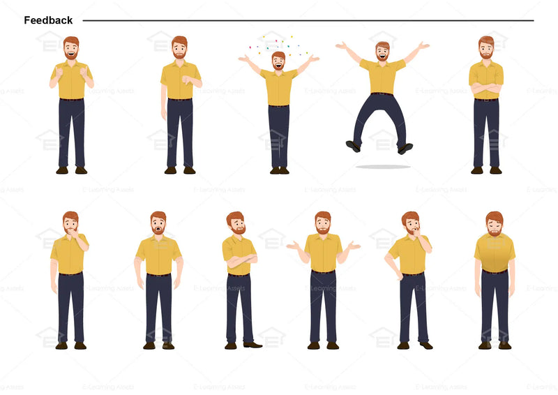 eLearning clipart of a man wearing a short-sleeve shirt. It can be used in business, office, education, retail, and other settings.  This sheet shows the character displaying various poses for providing feedback.