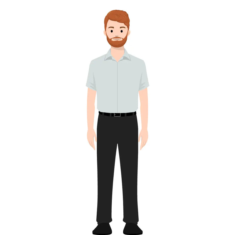 eLearning clipart of a man wearing a short-sleeve shirt. It can be used in business, office, education, retail, and other settings.  The character set comes in Storyline, SVG, PNG, and GIF formats.