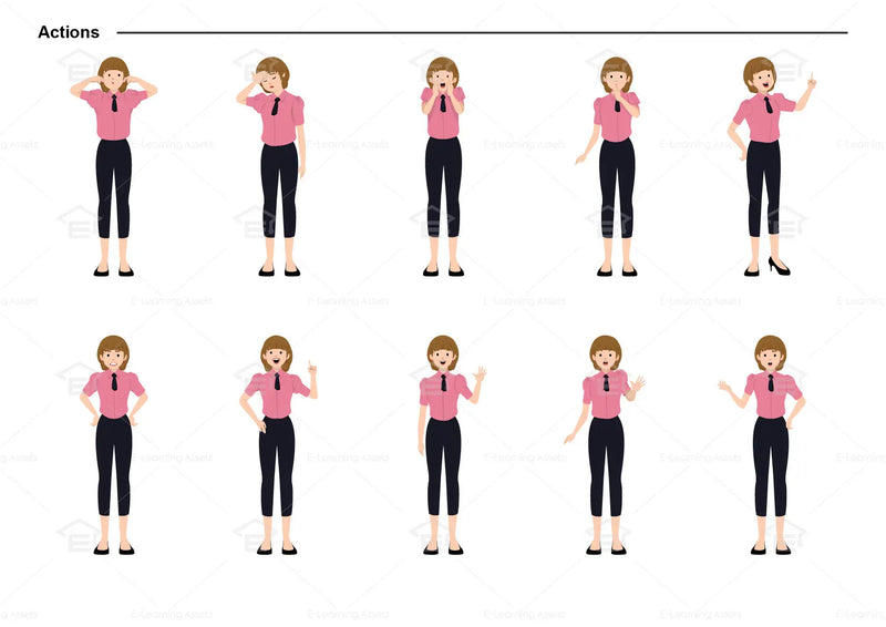 eLearning clipart of a woman wearing a short sleeve work shirt with tie and 7/8 pants. It can be used in business, office, retail, and other workplace settings.  This sheet shows the character doing various actions.