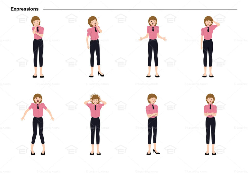 eLearning clipart of a woman wearing a short sleeve work shirt with tie and 7/8 pants. It can be used in business, office, retail, and other workplace settings.  This sheet shows the character displaying various expressions.