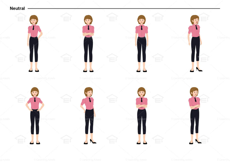 eLearning clipart of a woman wearing a short sleeve work shirt with tie and 7/8 pants. It can be used in business, office, retail, and other workplace settings.  This sheet shows the character in various neutral poses.