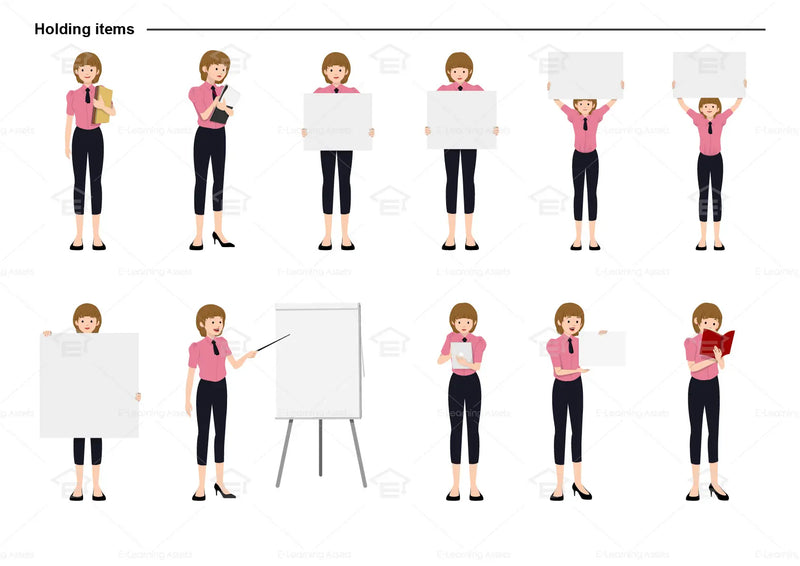 eLearning clipart of a woman wearing a short sleeve work shirt with tie and 7/8 pants. It can be used in business, office, retail, and other workplace settings.  This sheet shows the character in various poses holding different items.